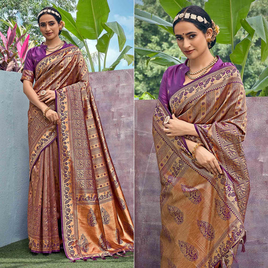 Golden-Violet Woven Art Silk Saree With Tassels