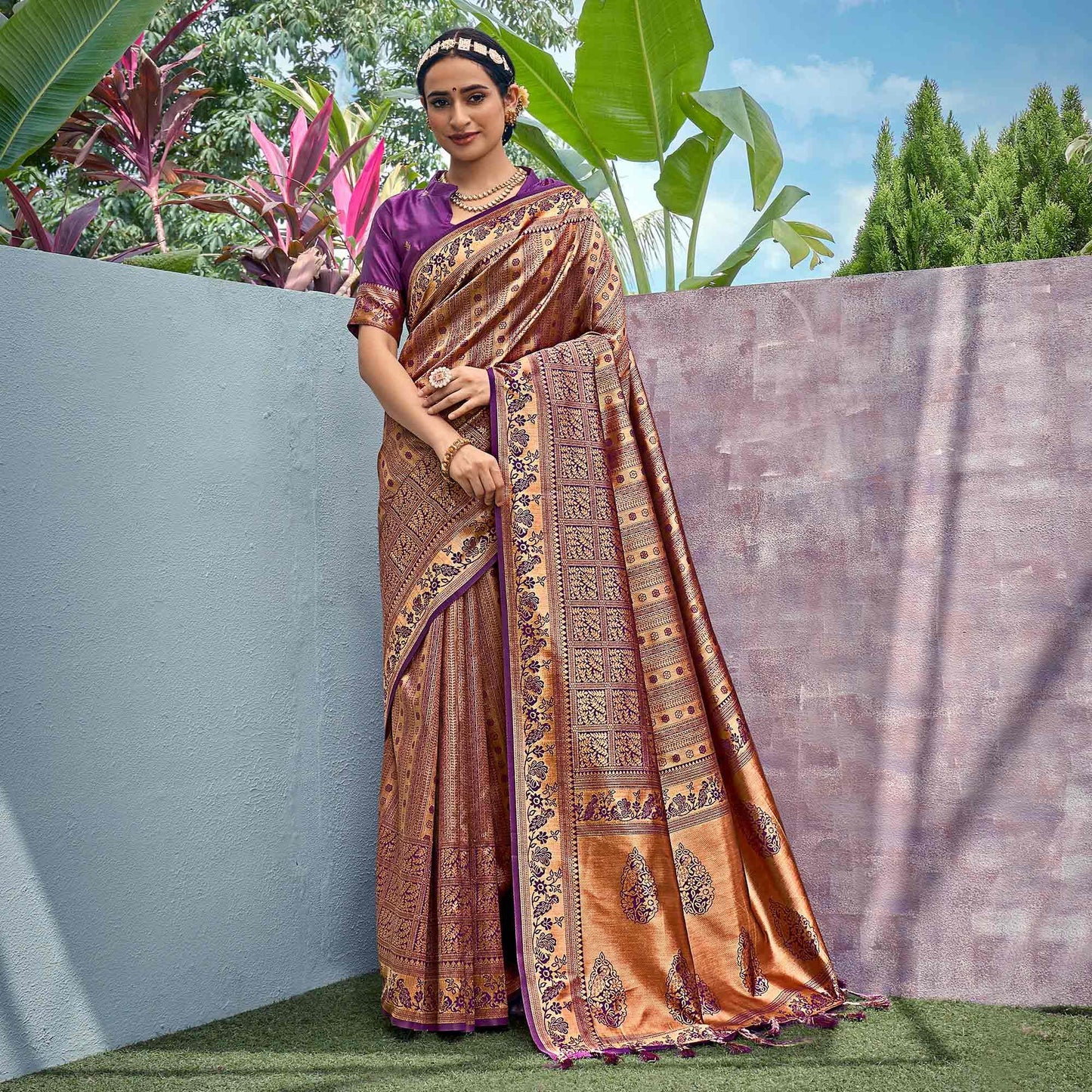 Golden-Violet Woven Art Silk Saree With Tassels