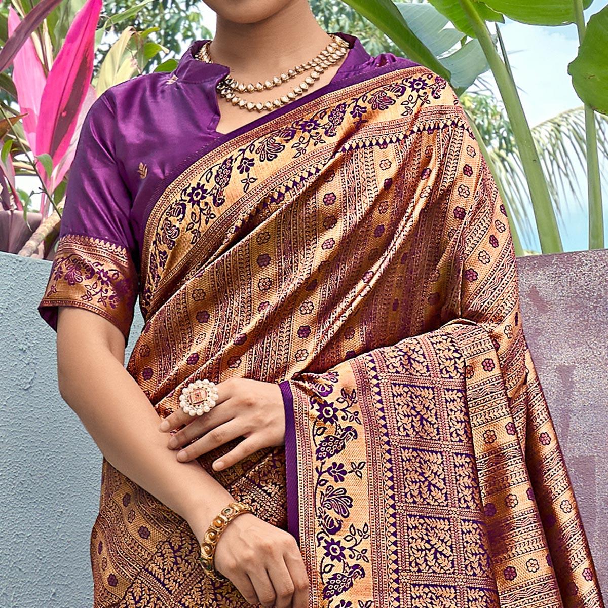 Golden-Violet Woven Art Silk Saree With Tassels