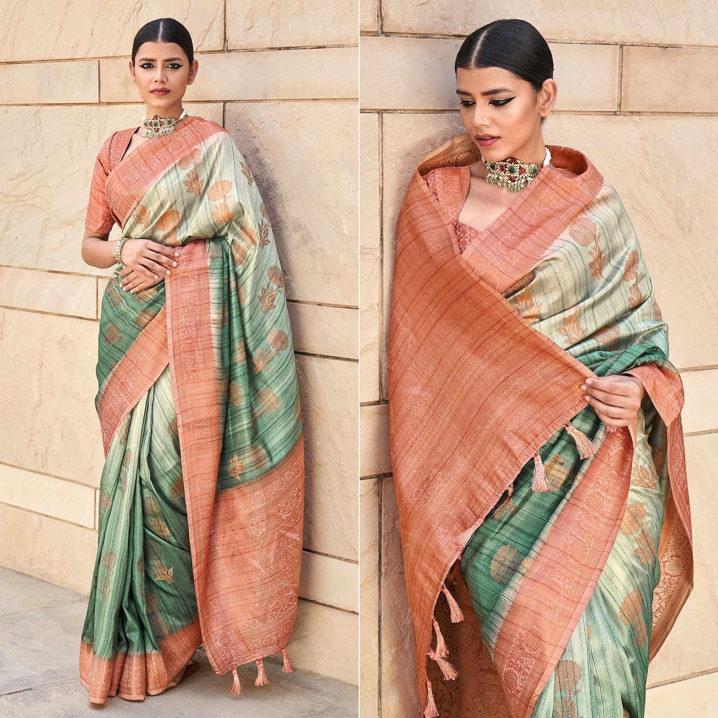 Green Floral Woven Art Silk Saree