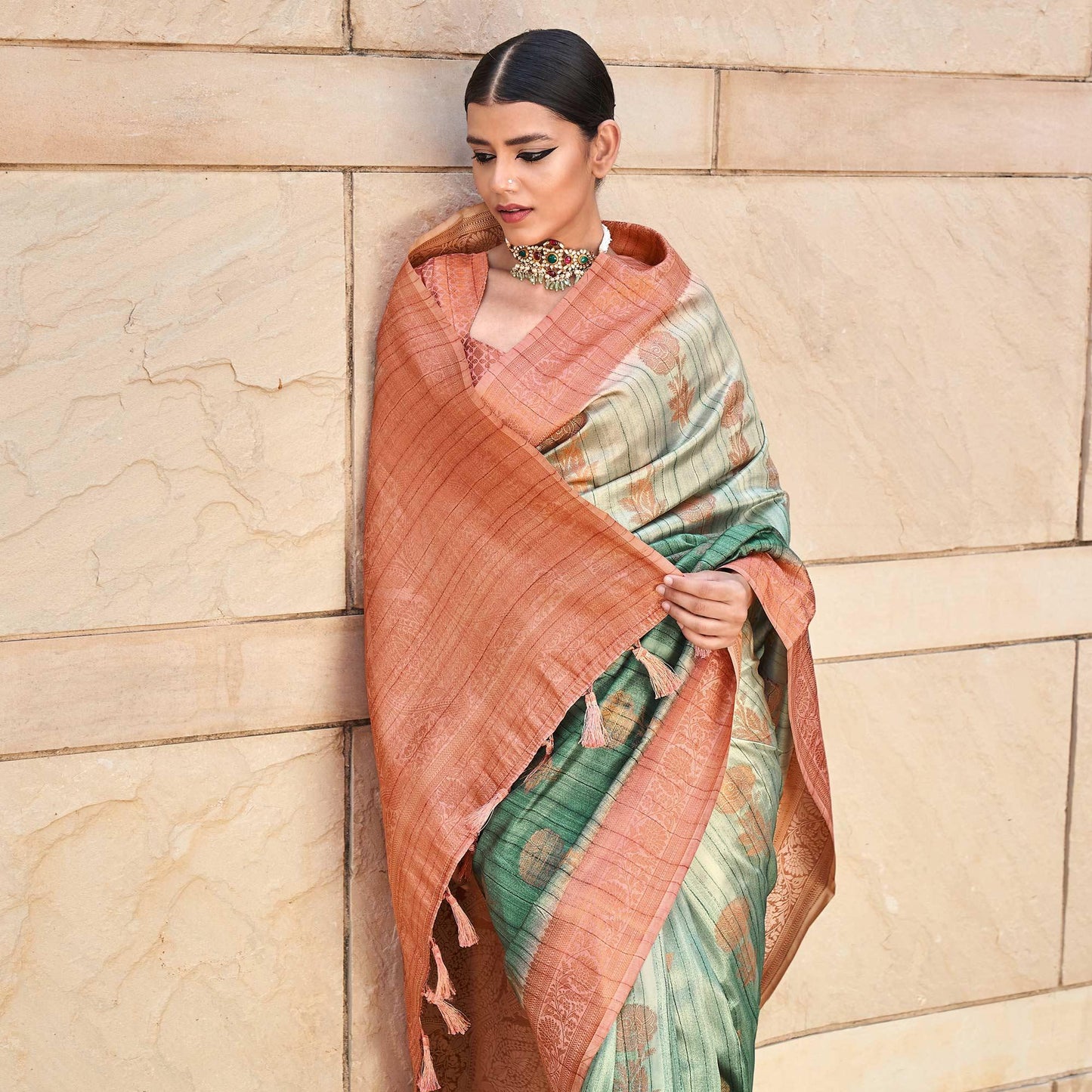 Green Floral Woven Art Silk Saree