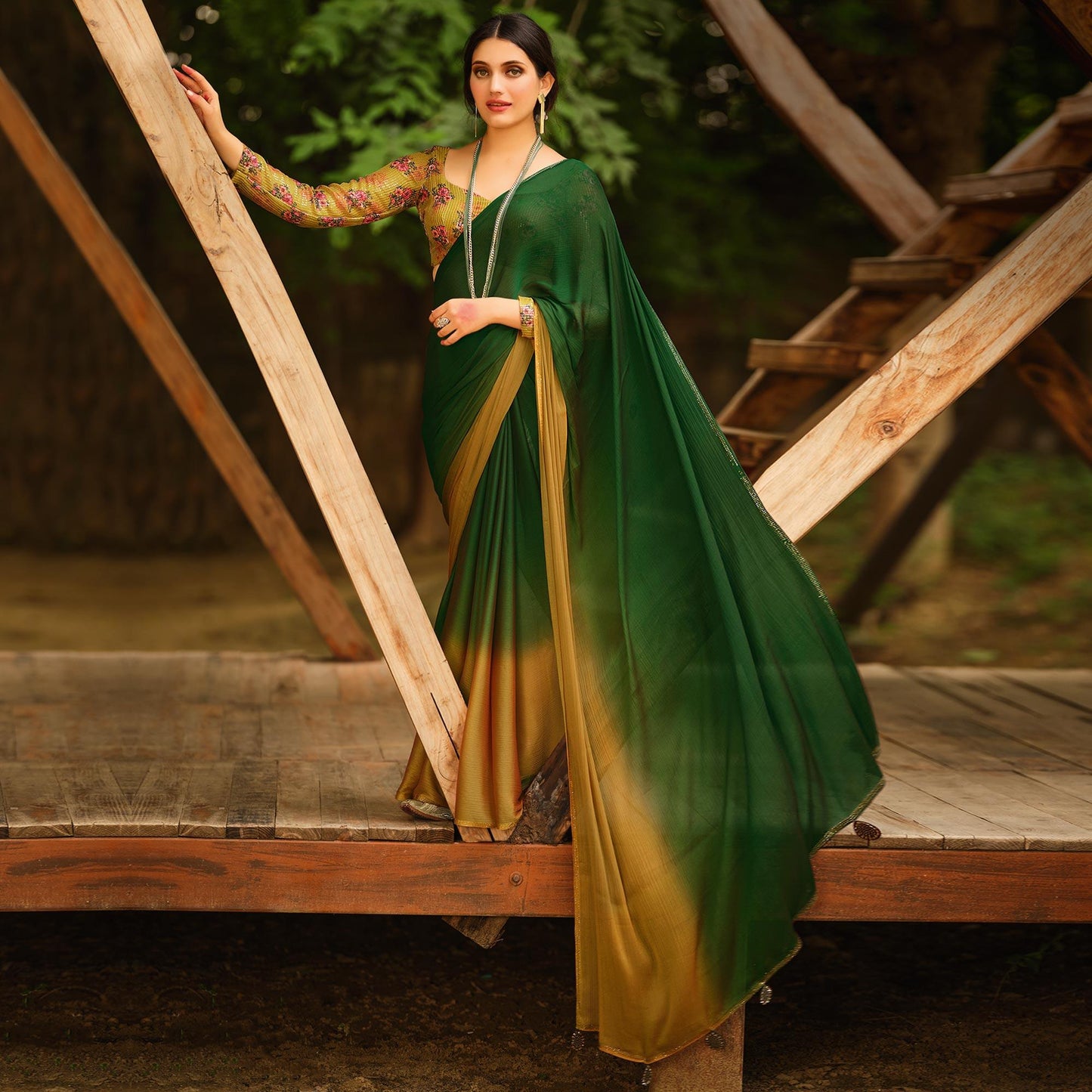 Green Solid Chiffon Saree