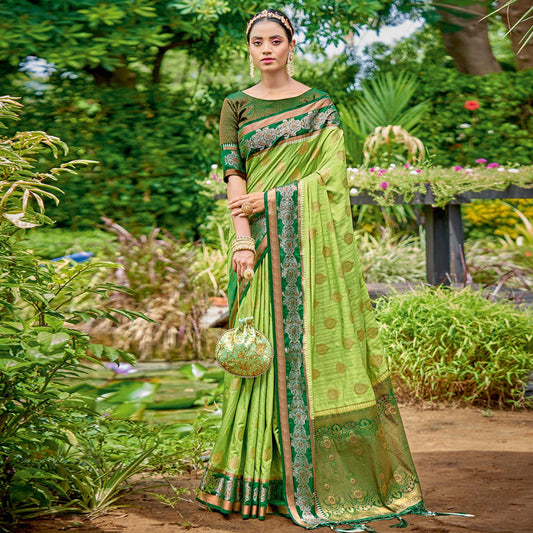 Green Woven Banarasi Silk Saree With Tassels