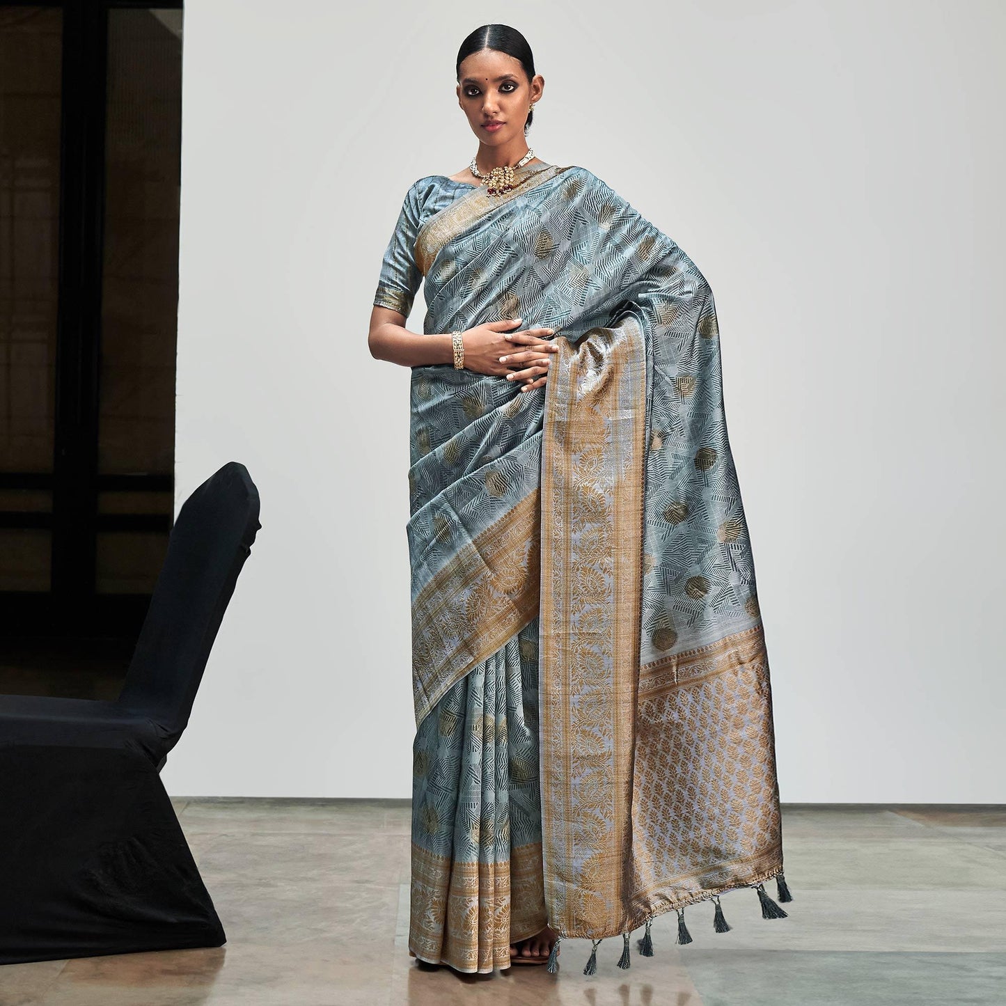 Grey Digital Printed With Woven Border Art Silk Saree