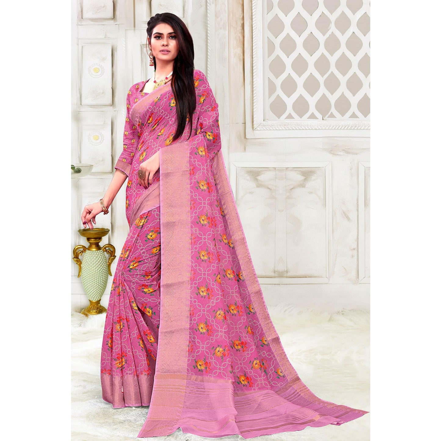 Groovy Pink Colored Festive Wear Woven Banarasi Silk Saree