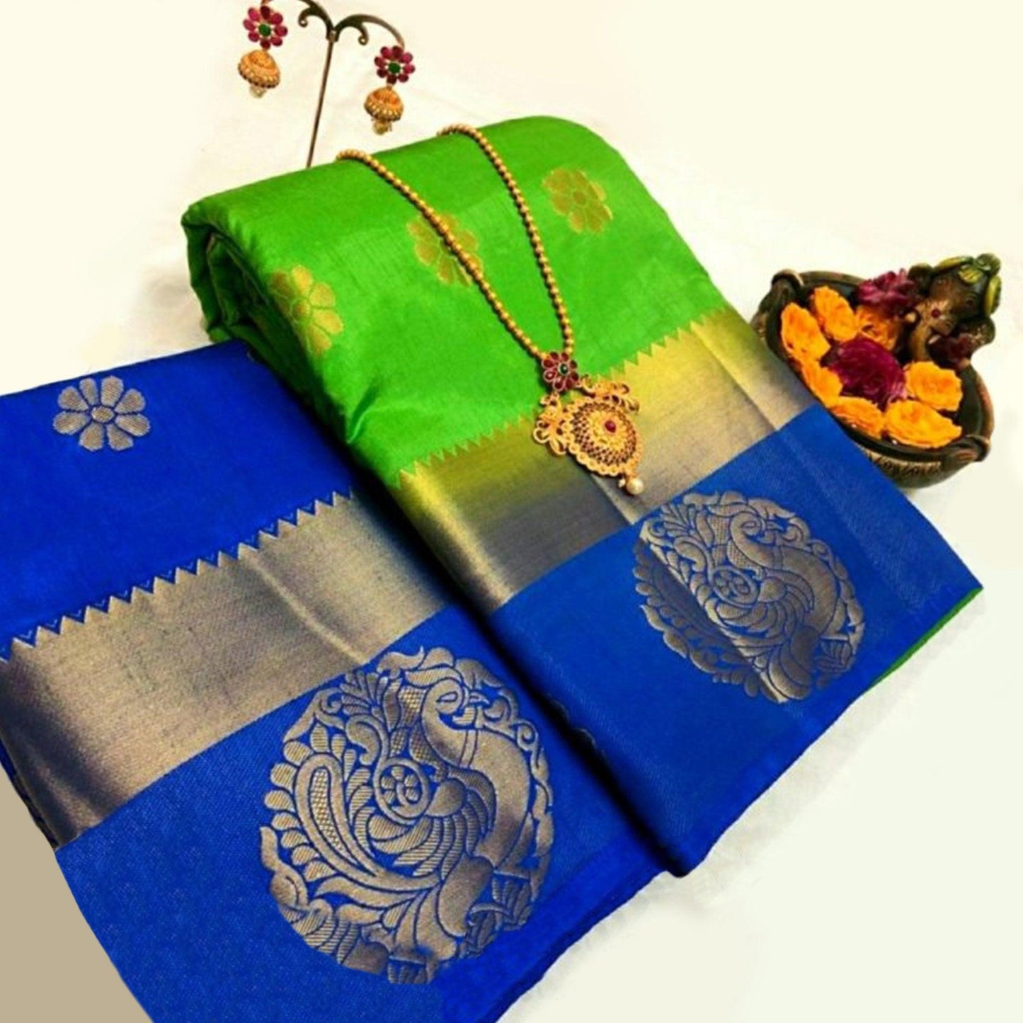 Imposing Parrot Green Colored Festive Wear Woven Art Silk Saree