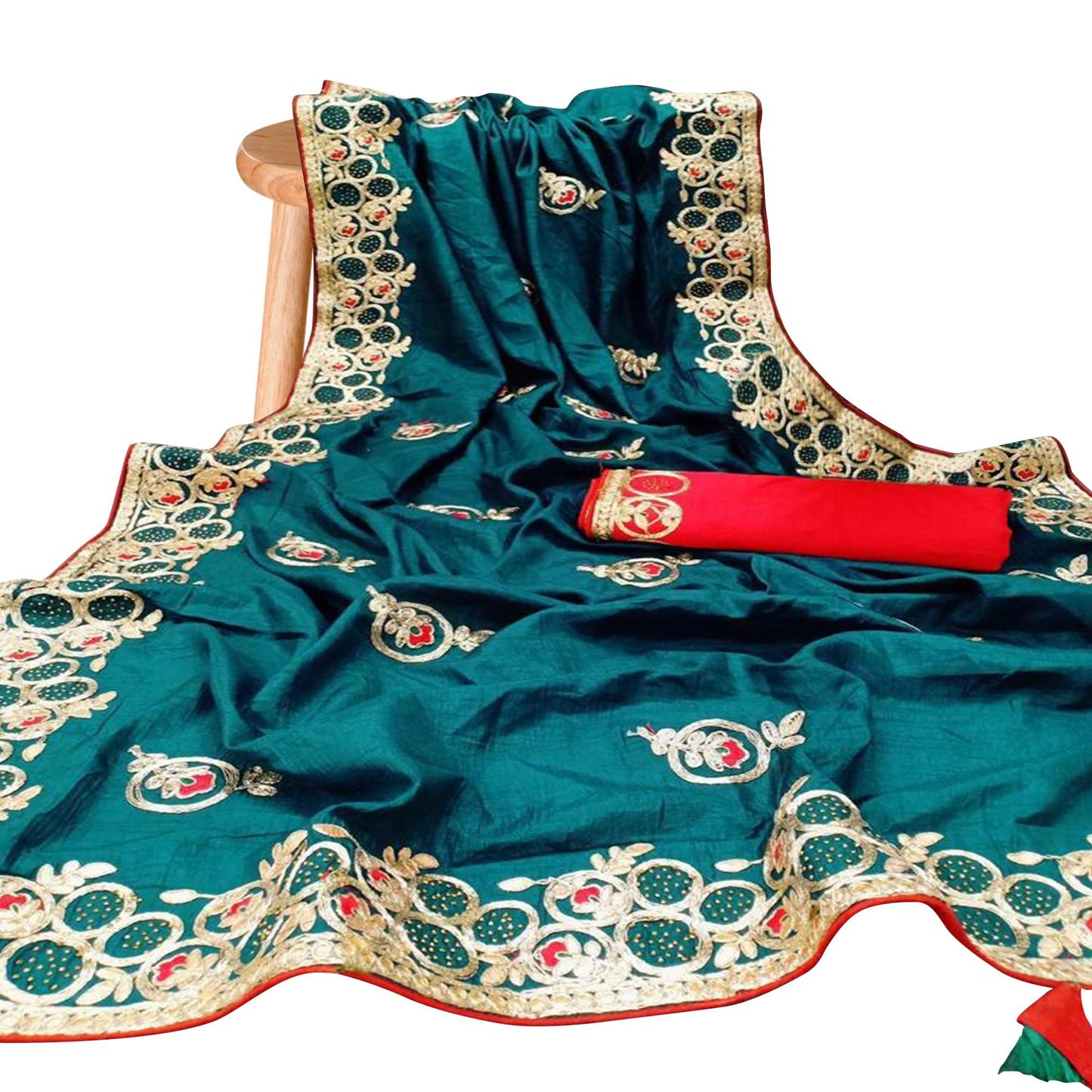 Innovative Teal Blue Colored Partywear Embroidered Silk Saree