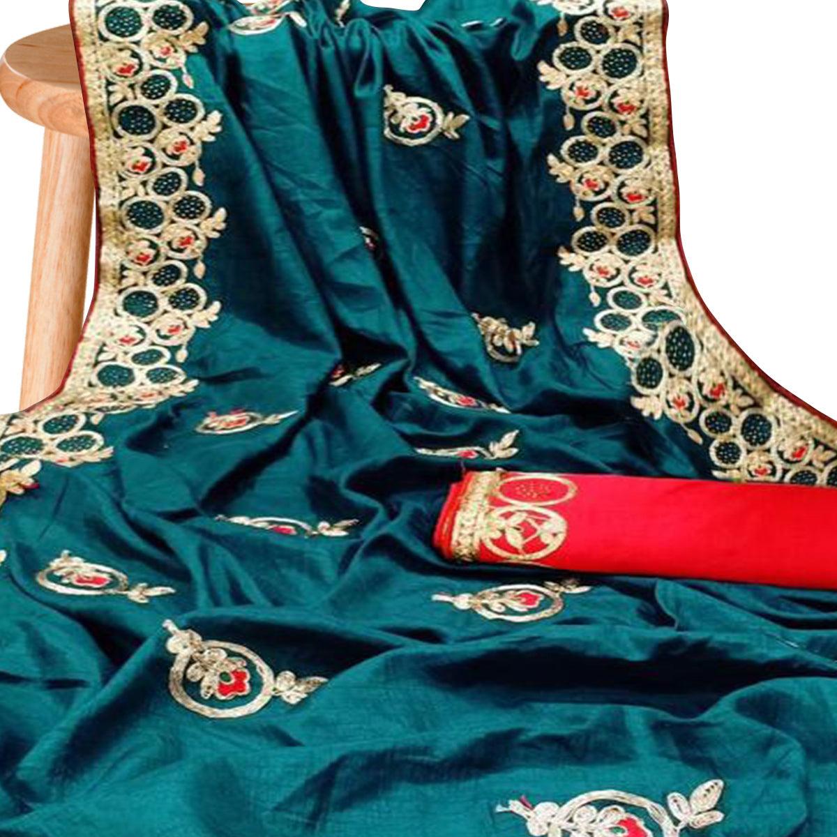 Innovative Teal Blue Colored Partywear Embroidered Silk Saree