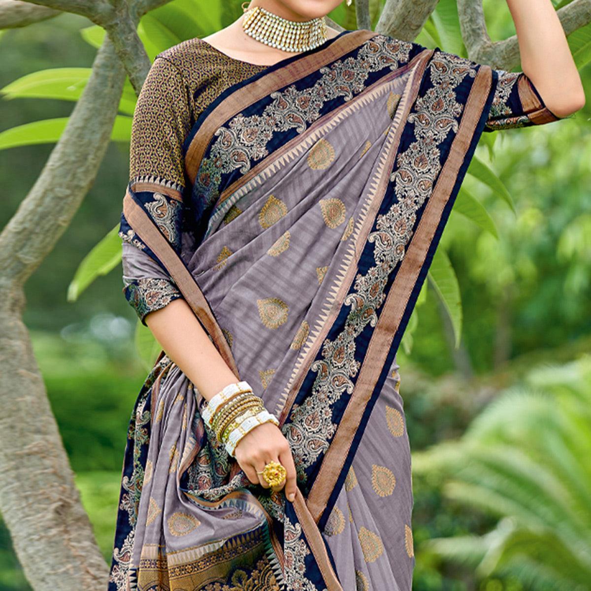 Lavender Woven Banarasi Silk Saree With Tassels