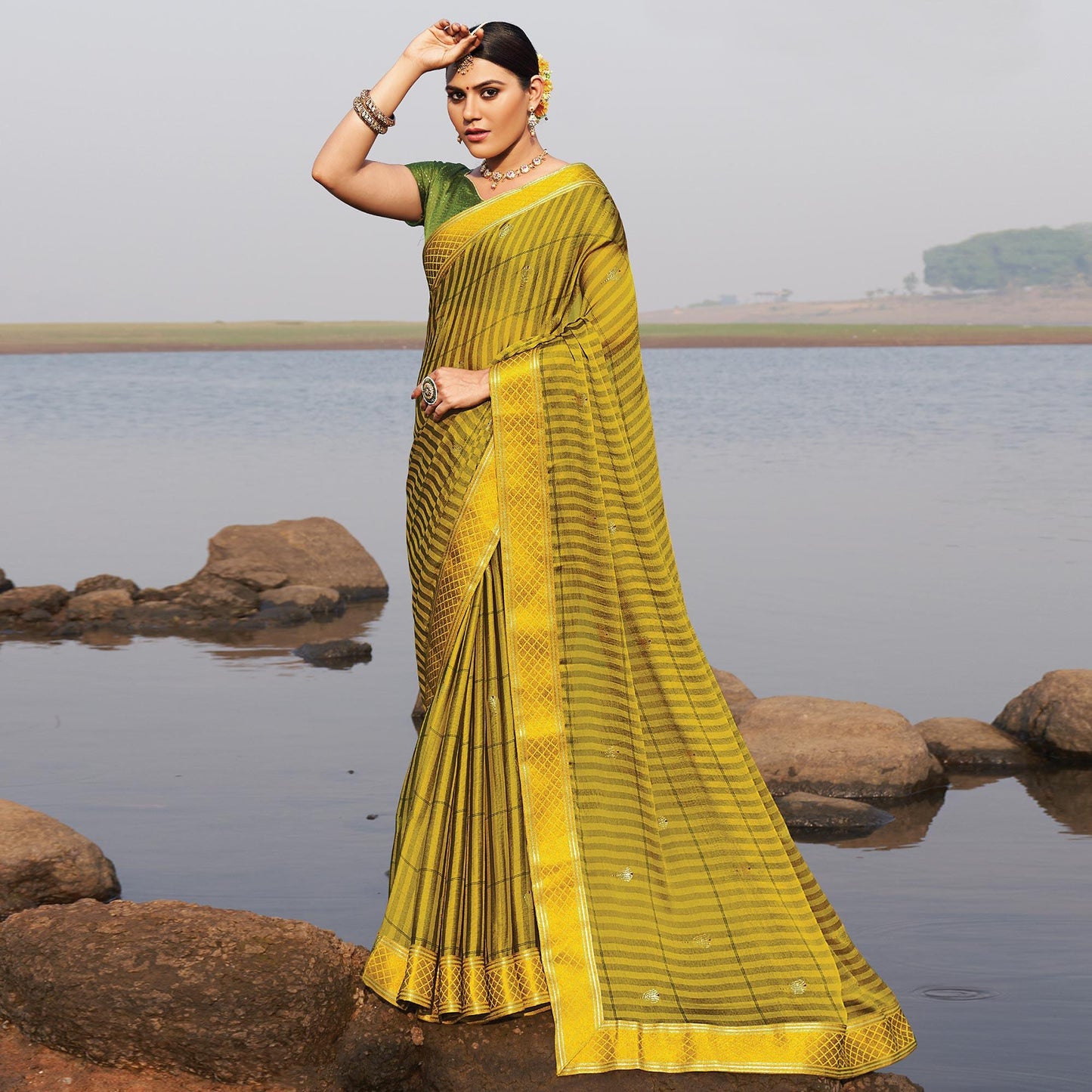 Lemon Green Woven Chiffon Saree