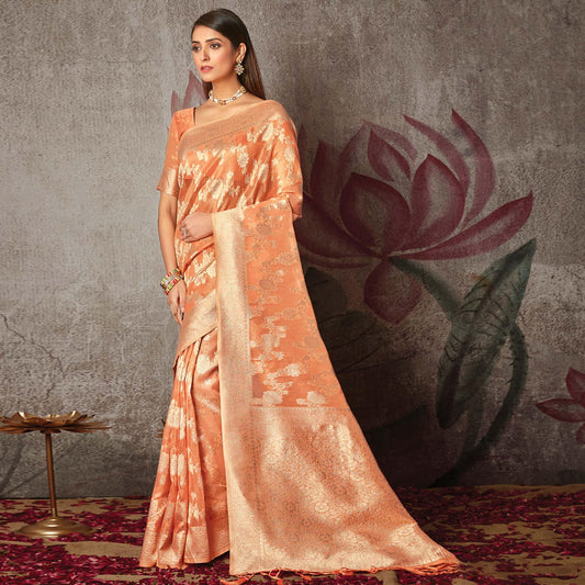 Light Peach Woven Art Silk Saree With Tassels