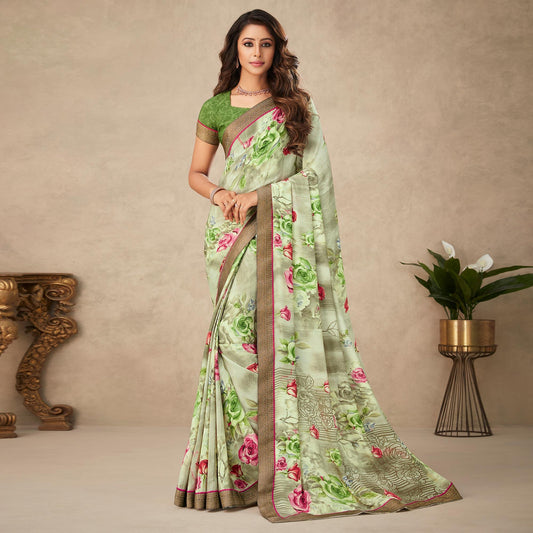 Light Pista Green Floral Printed Art Silk Saree