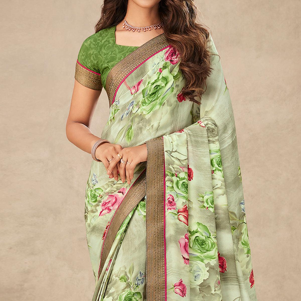 Light Pista Green Floral Printed Art Silk Saree