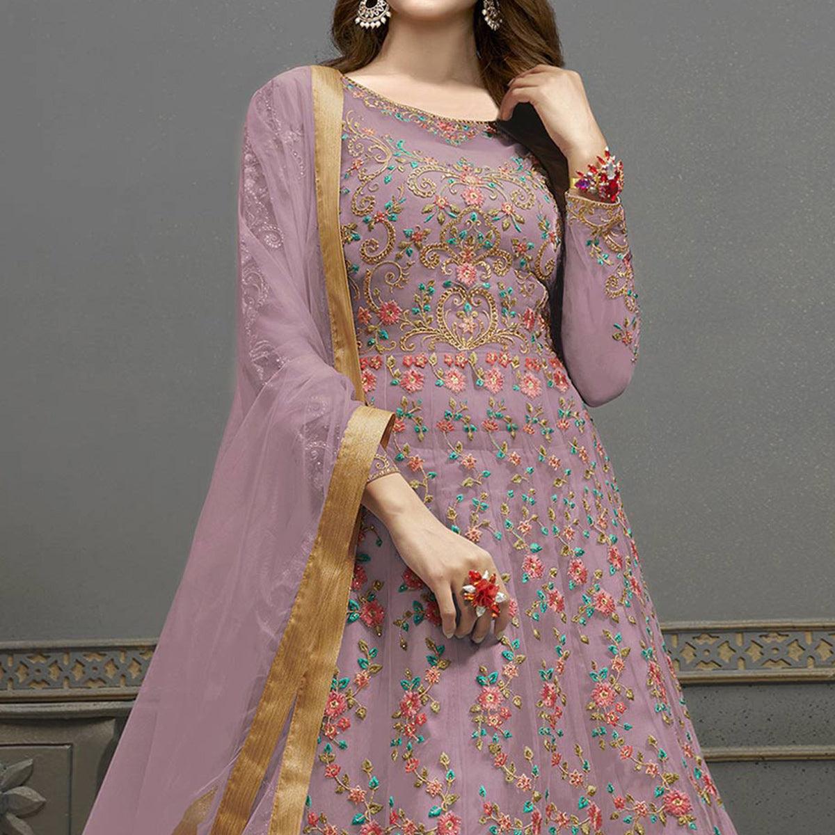 Light Purple Embroidered Netted Anarkali Suit