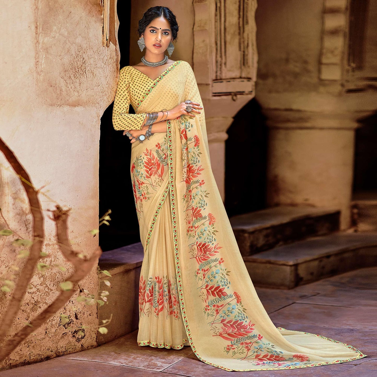 Light Yellow Casual Wear Floral Printed Chiffon Saree With Fancy Blouse