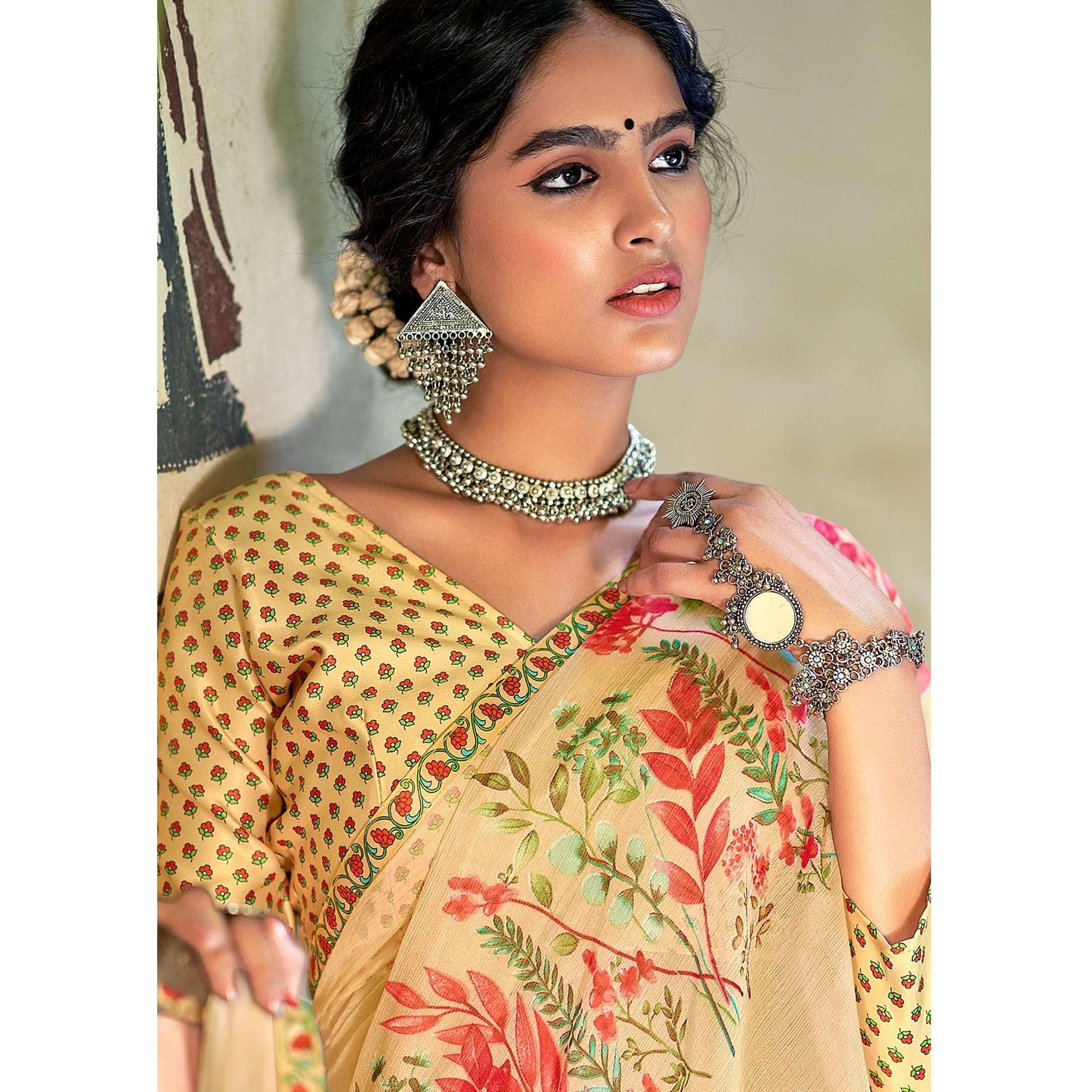 Light Yellow Casual Wear Floral Printed Chiffon Saree With Fancy Blouse