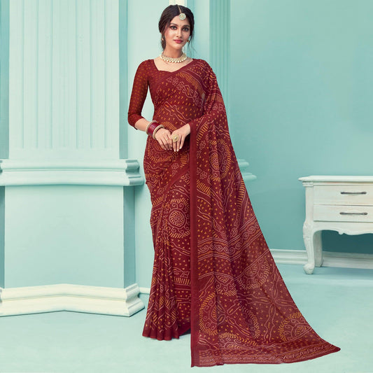 Maroon Casual Wear Printed Chiffon Bandhani Saree