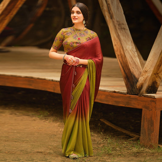 Maroon-Green Solid Chiffon Saree