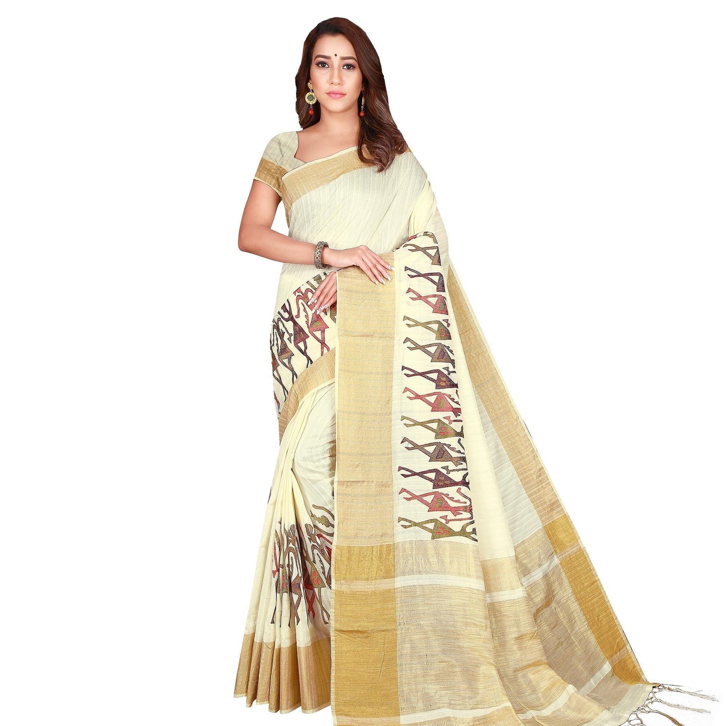 Mesmeric Cream Colored Festive Wear Woven Silk Saree