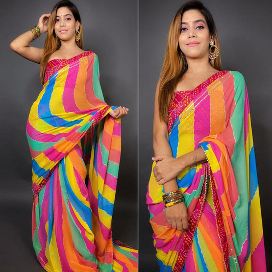 Multicolour Stripes Printed Georgette Saree