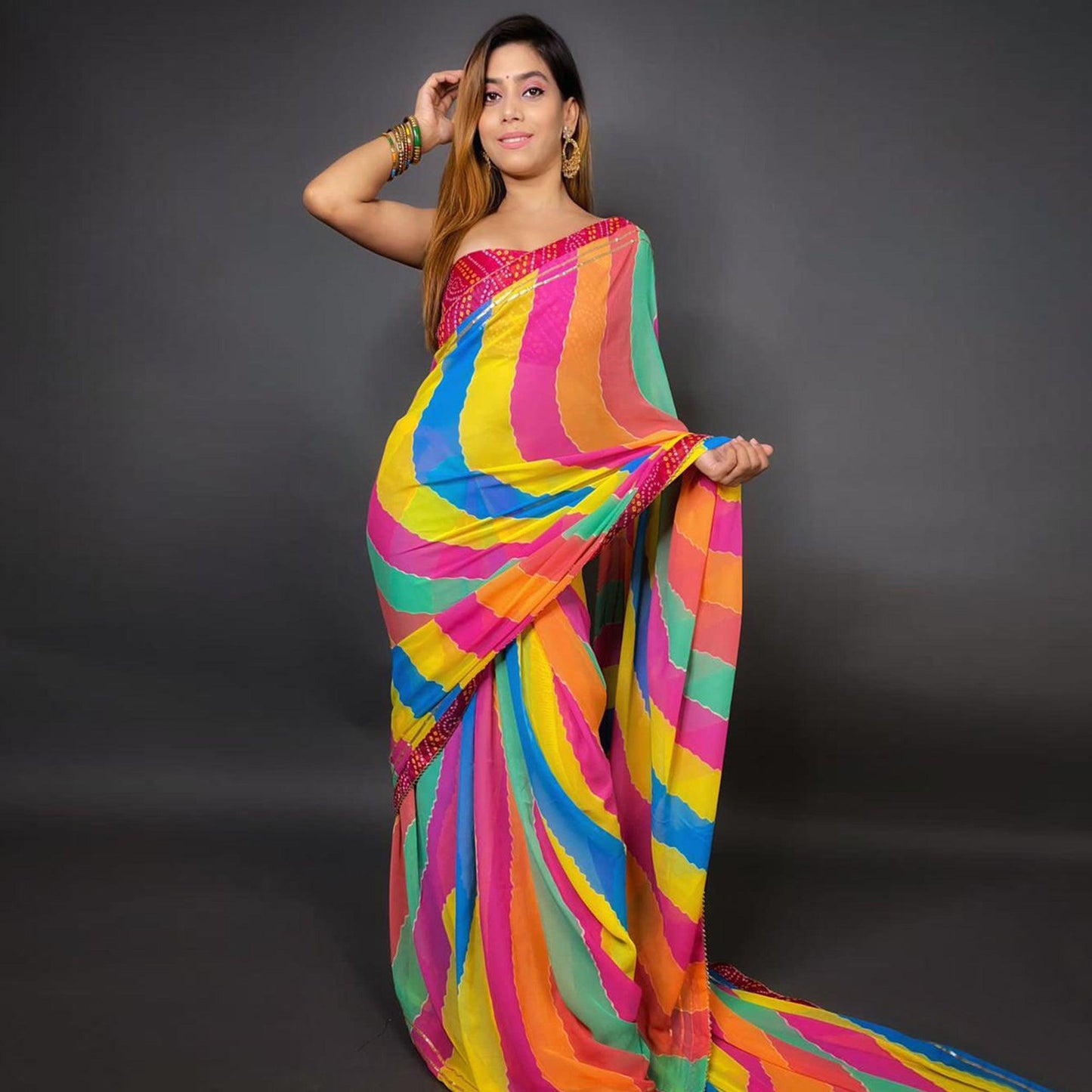 Multicolour Stripes Printed Georgette Saree