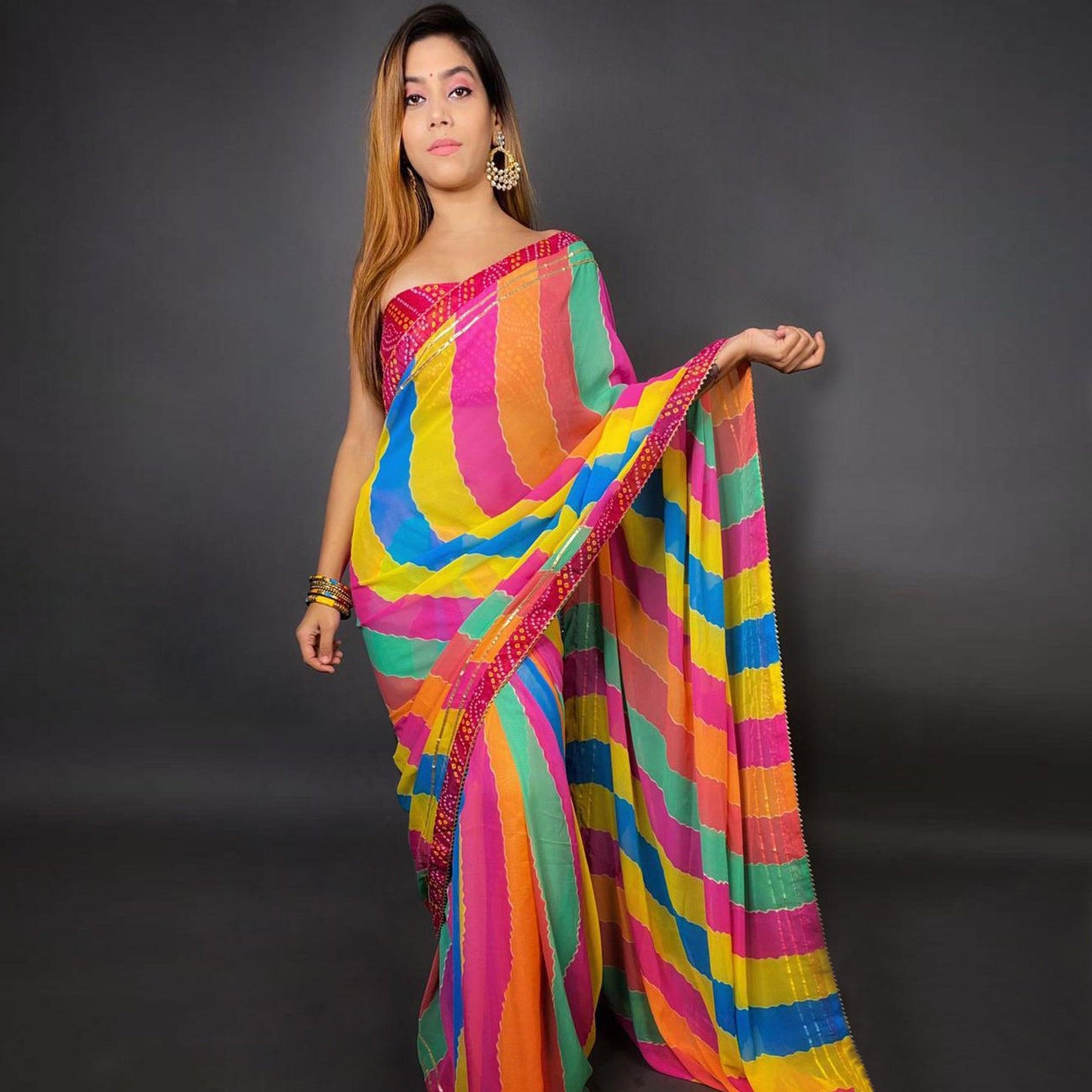 Multicolour Stripes Printed Georgette Saree