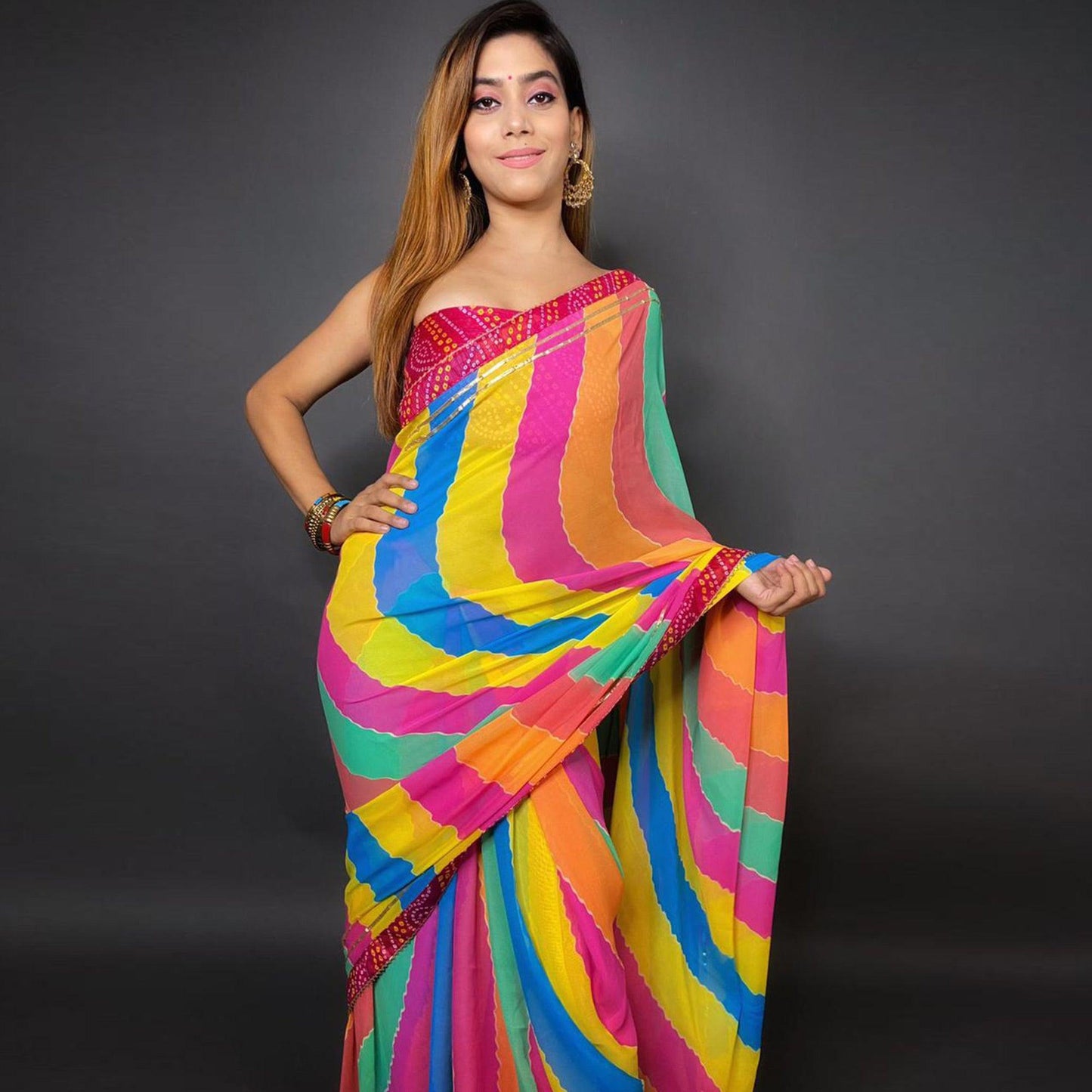 Multicolour Stripes Printed Georgette Saree