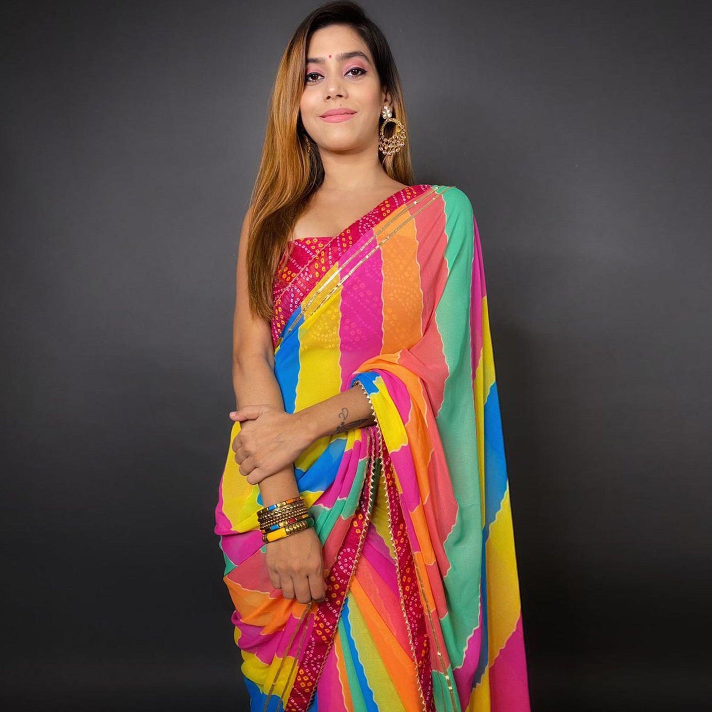 Multicolour Stripes Printed Georgette Saree