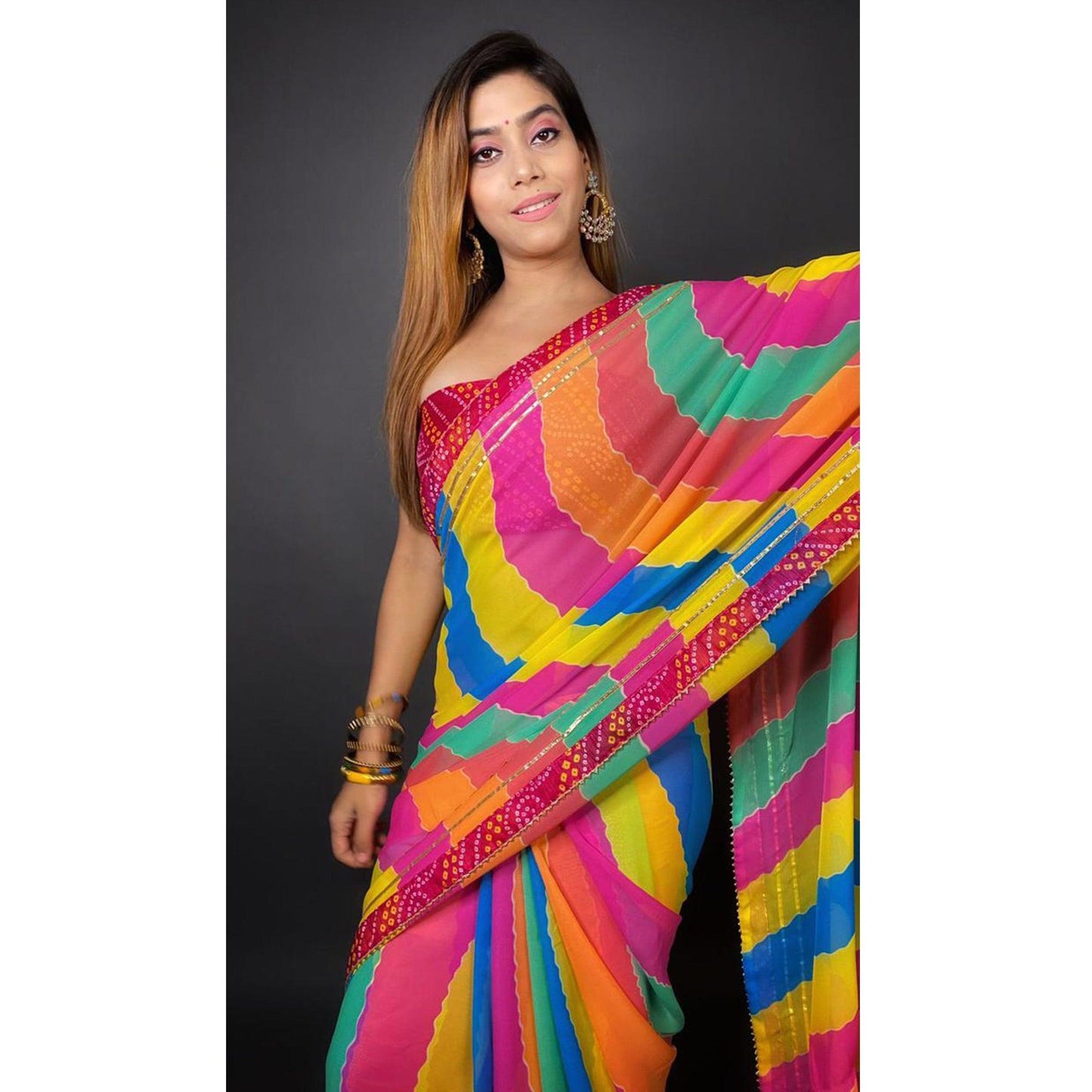 Multicolour Stripes Printed Georgette Saree