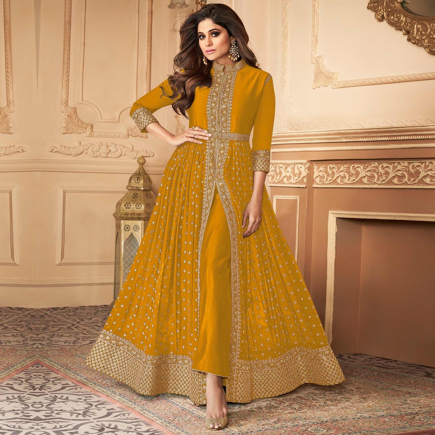 Mustard Embroidered With Embellished Georgette Straight Anarkali Suit