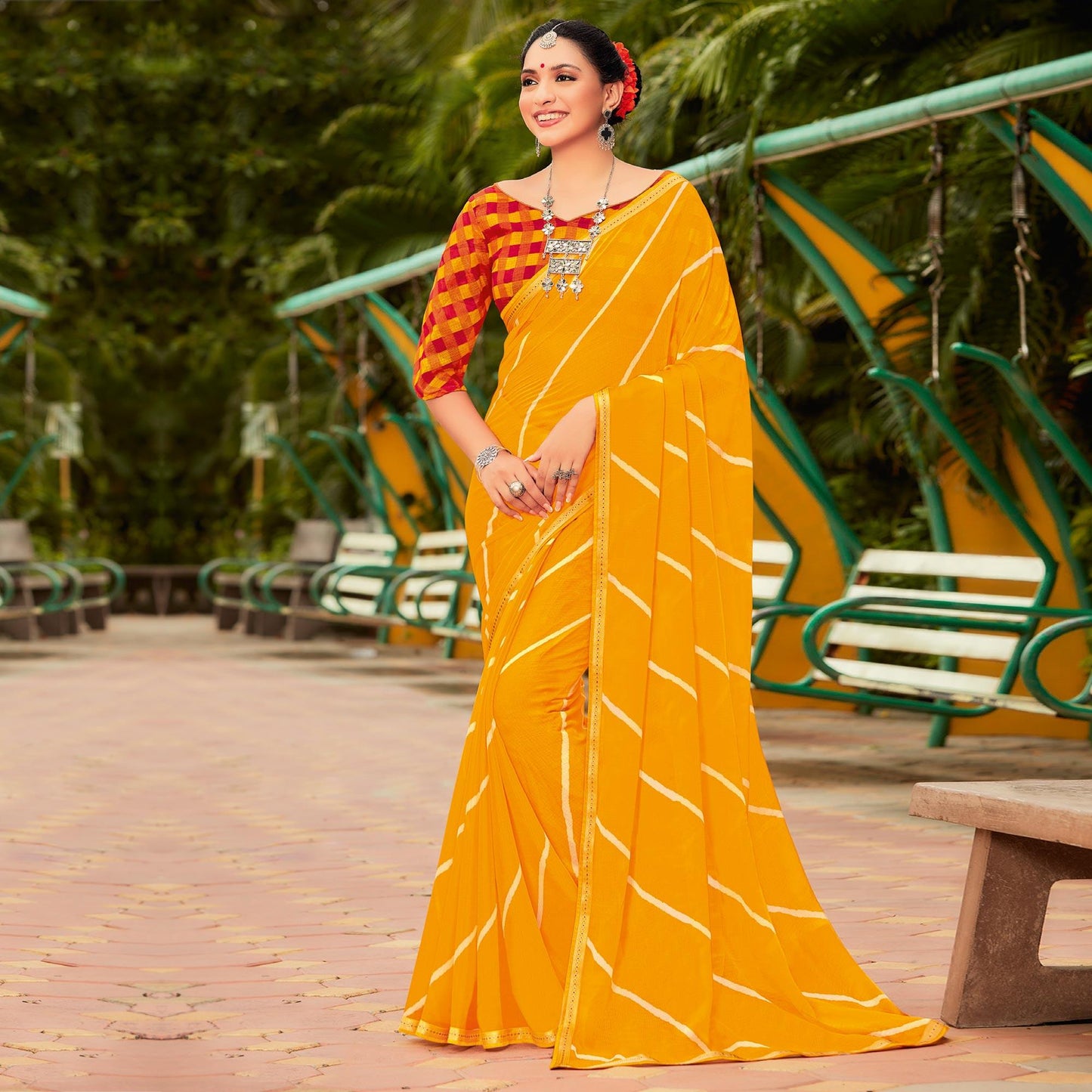 Mustard Yellow Partywear Stripes Printed Chiffon Saree With Border