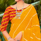 Mustard Yellow Partywear Stripes Printed Chiffon Saree With Border