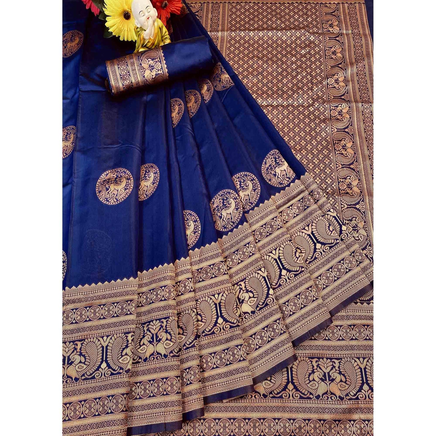 Navy Blue & Golden Woven Banarasi Silk Saree