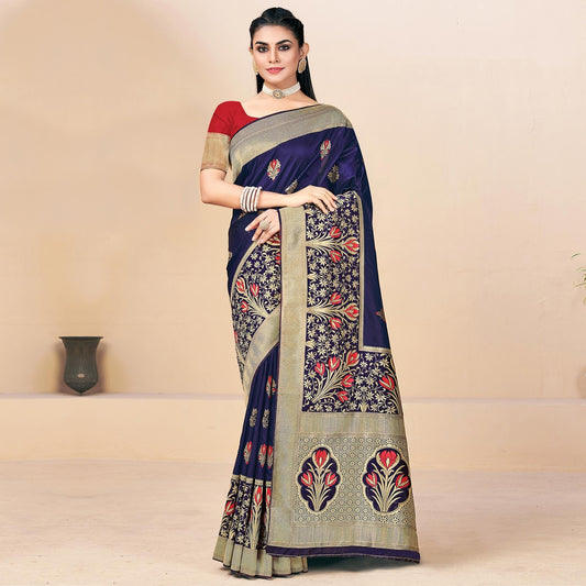 Navy Blue Festive Wear Woven Banarasi Silk Saree