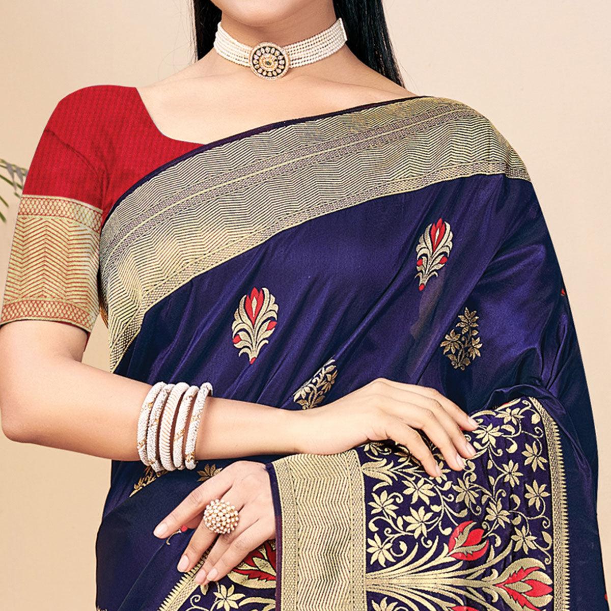 Navy Blue Festive Wear Woven Banarasi Silk Saree