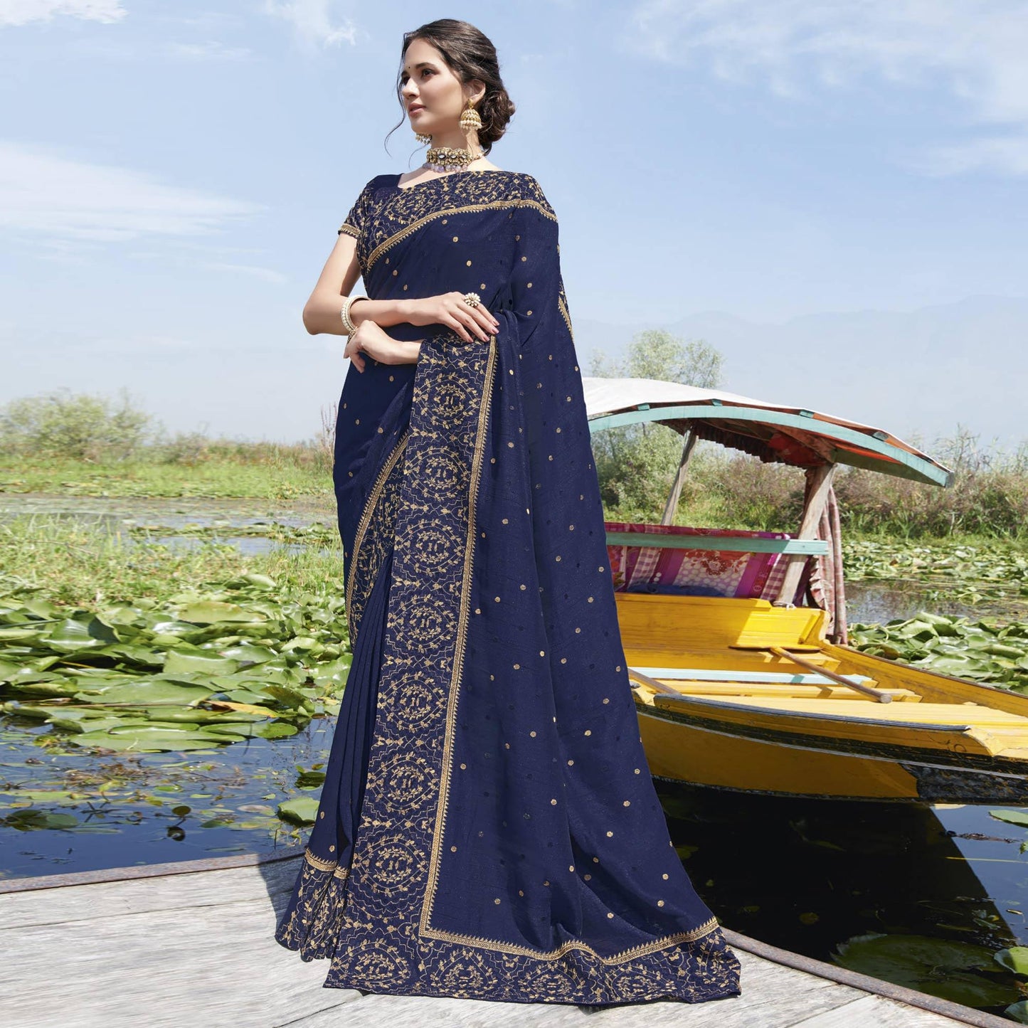 Navy Blue Partywear Embroidered Bluecherry Silk Saree