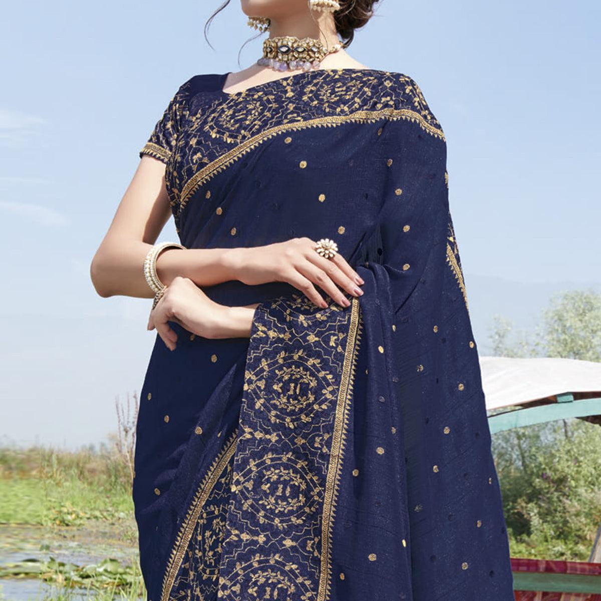 Navy Blue Partywear Embroidered Bluecherry Silk Saree