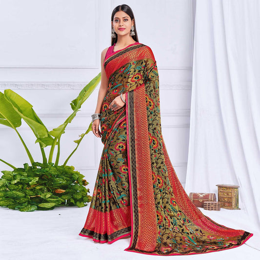 Olive Green Floral Printed Chiffon Saree