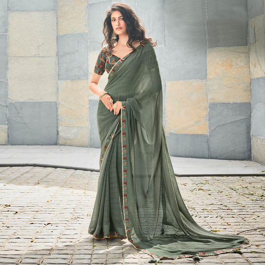 Olive Green Printed With Gota Patti Border Georgette Saree