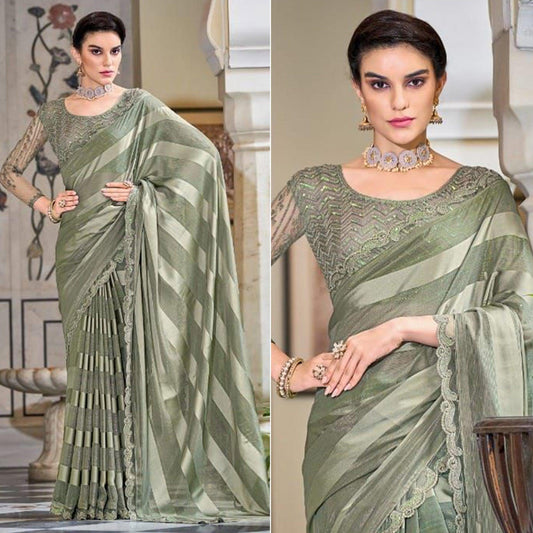 Olive Green Striped Art Silk Saree