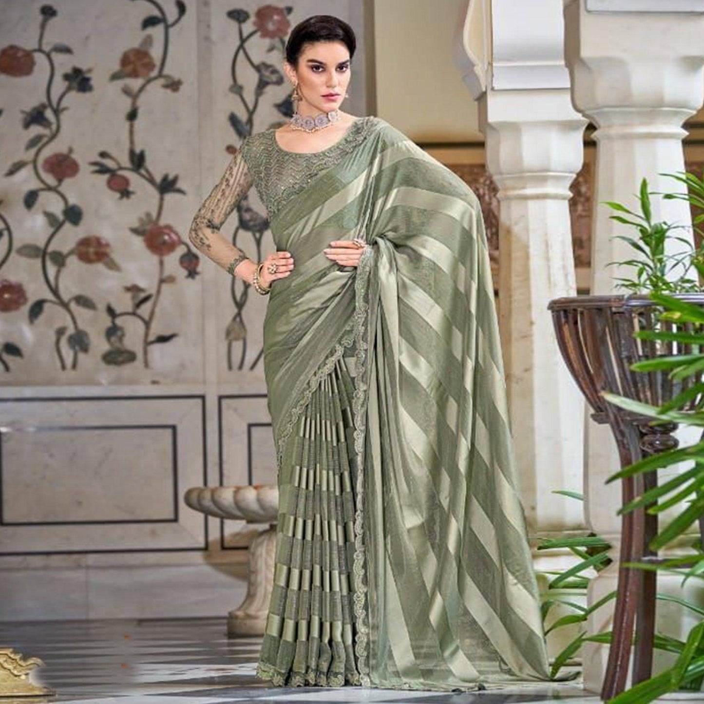 Olive Green Striped Art Silk Saree