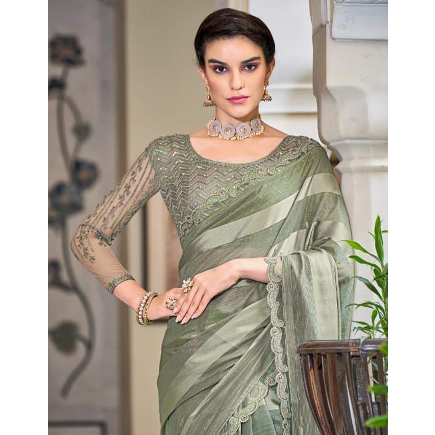 Olive Green Striped Art Silk Saree