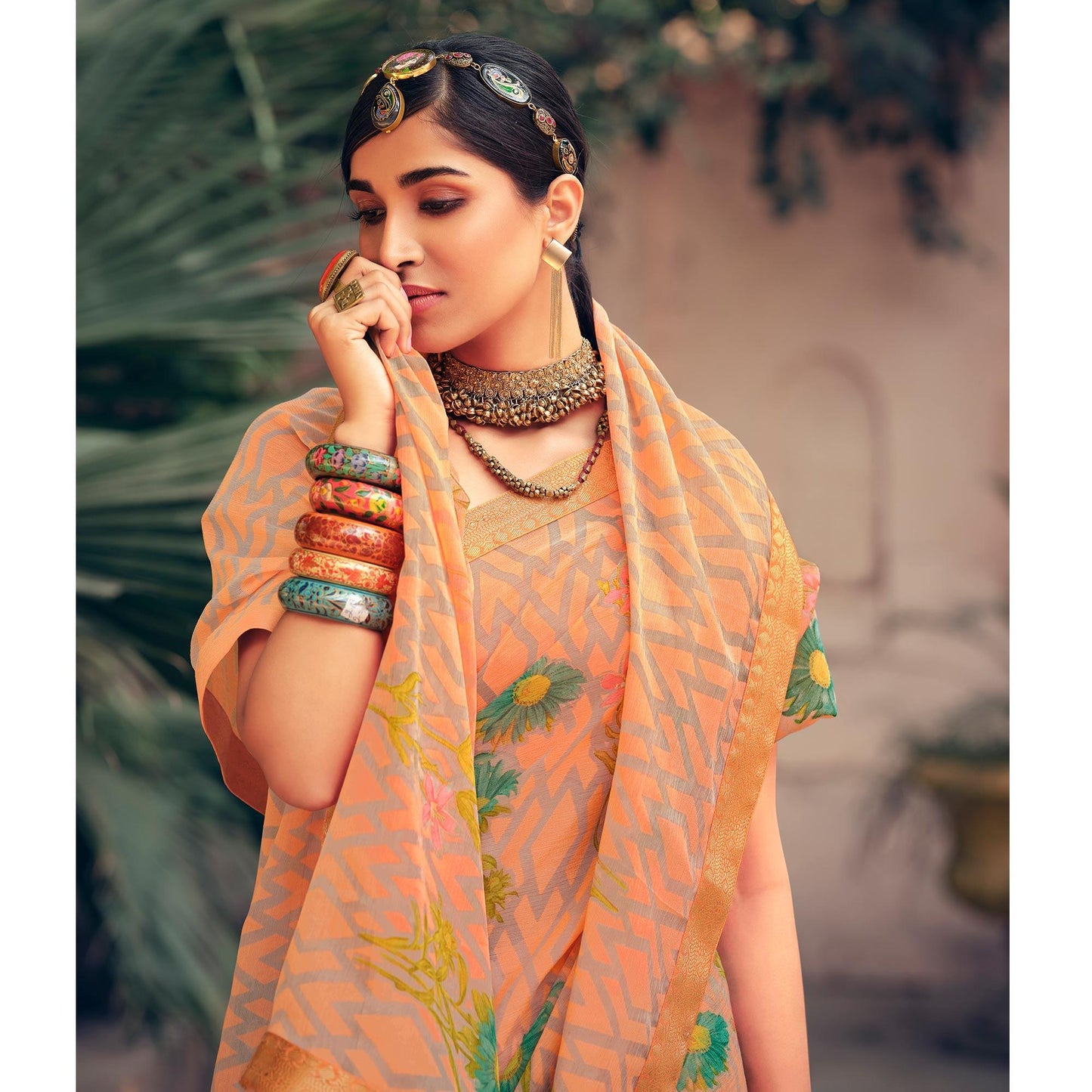 Oragne Casual Wear Floral Printed Chiffon Saree With Fancy Lace