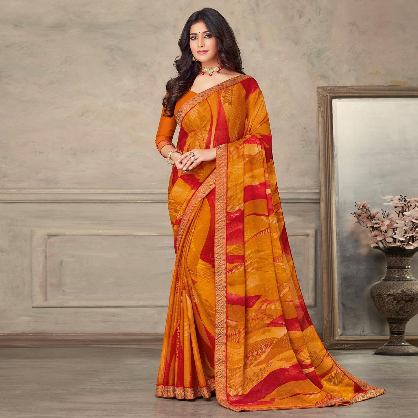 Orange & Red Printed Chiffon Saree