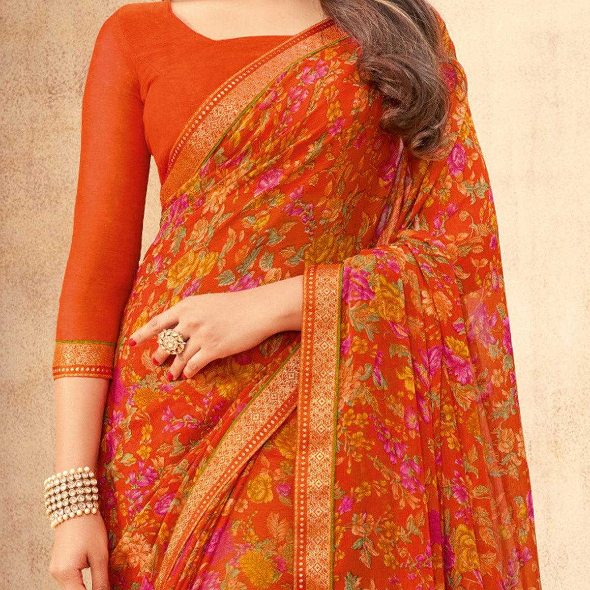 Orange Casual Wear Floral Printed with Tassels Chiffon Saree