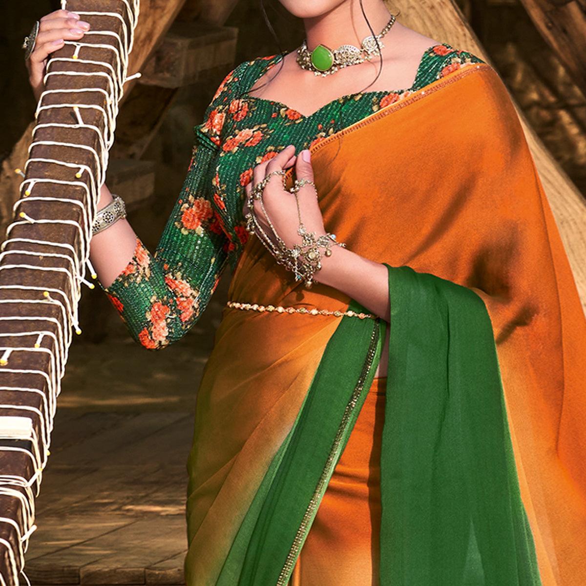 Orange-Green Solid Chiffon Saree