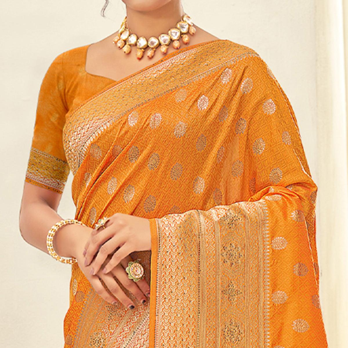 Orange Woven Art Silk Saree With Tassels