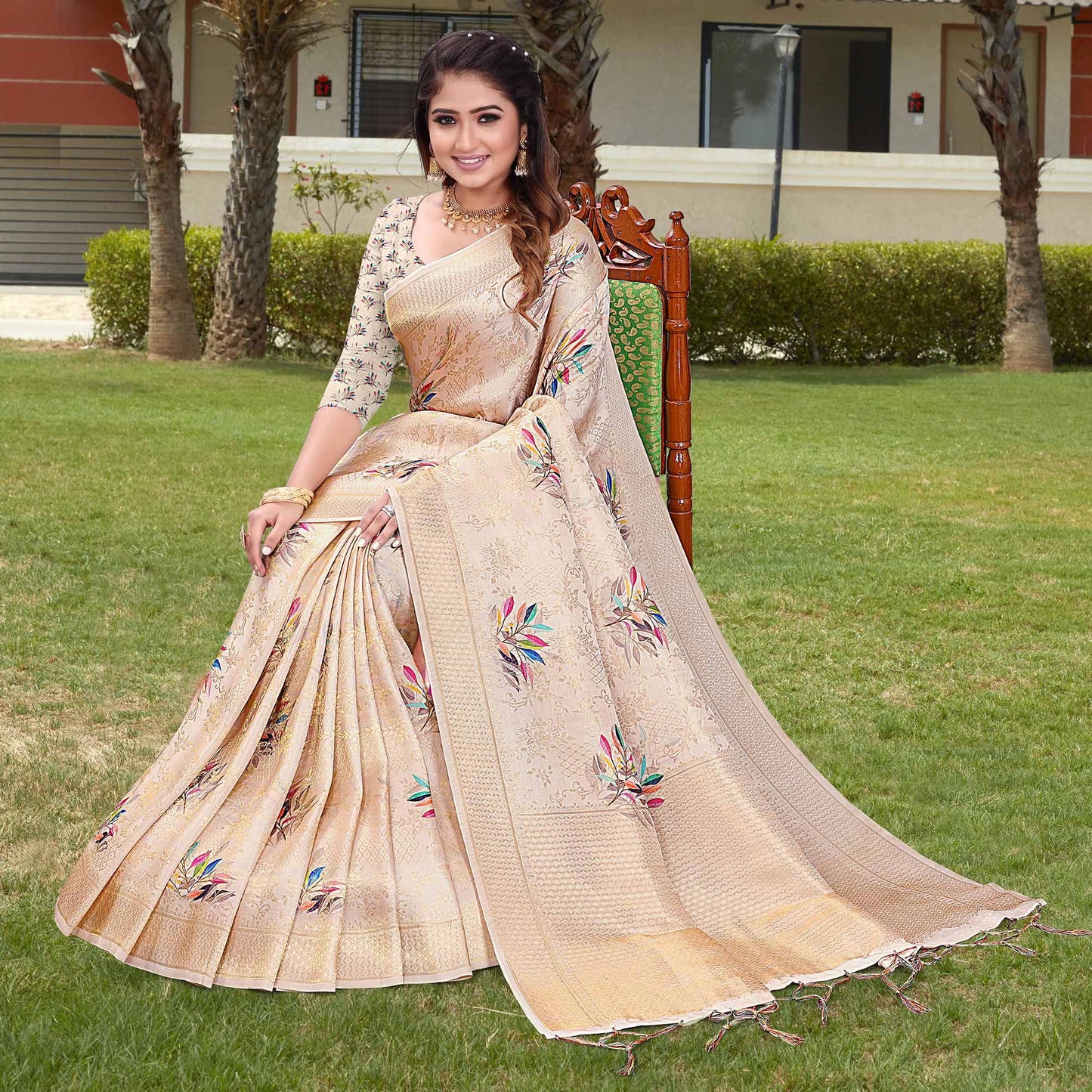 Peach Digital Printed With Woven Art Silk Saree With Tassels