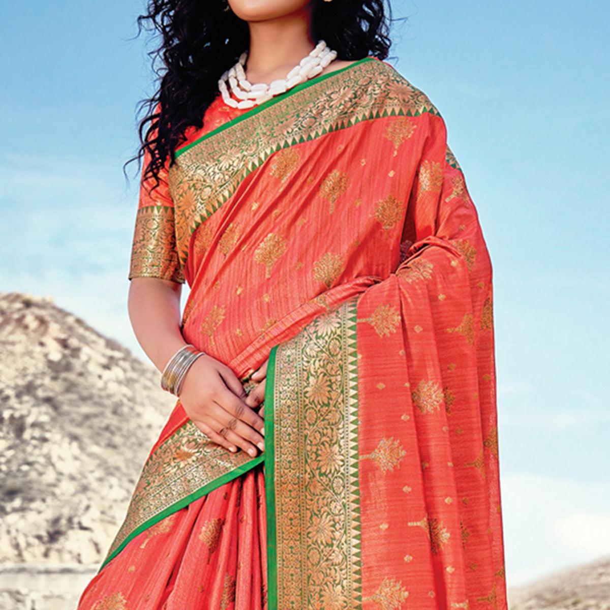 Peach Festive Wear Zari Woven Banarasi Silk Saree