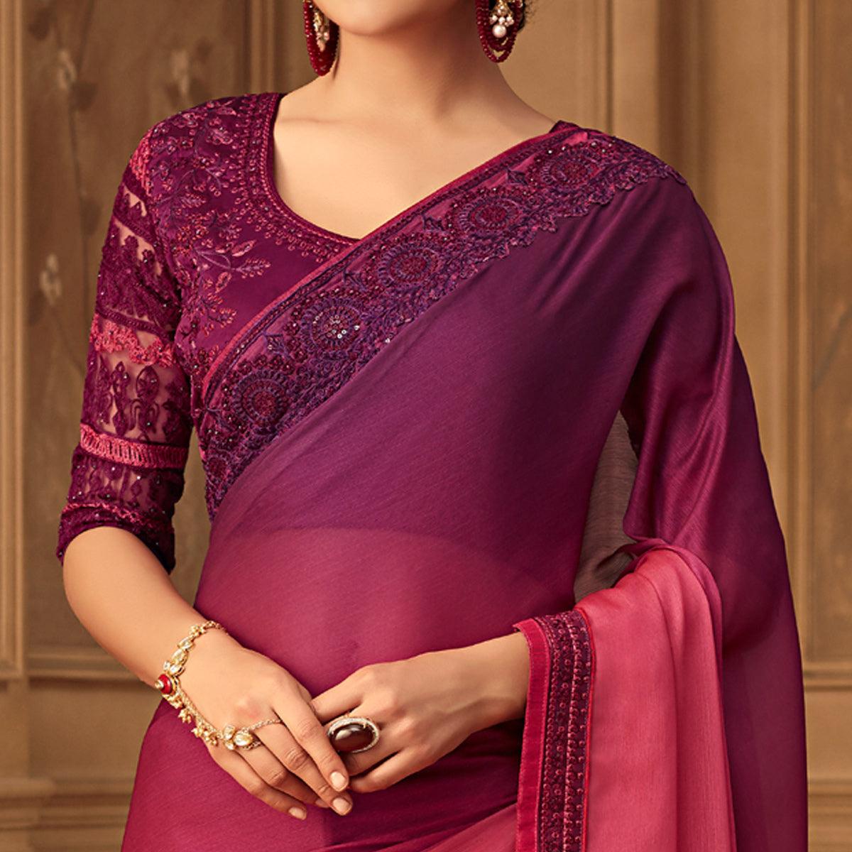 Pink & Magenta Floral Sequins Embroidered Chiffon Saree